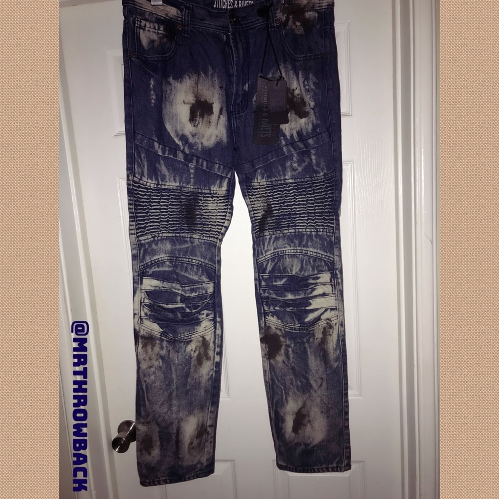 STITCHES & RIVETS, NWT, DENIM DISTRESSED OIL-STAIN MOTO JEANS, Biker Fit, 34x32